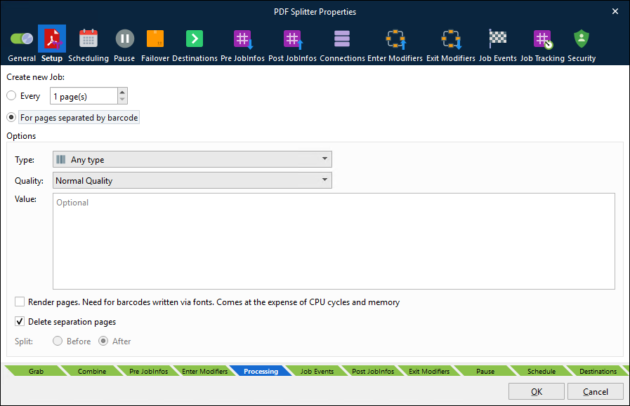 The Setup tab of a PDF Splitter engine.